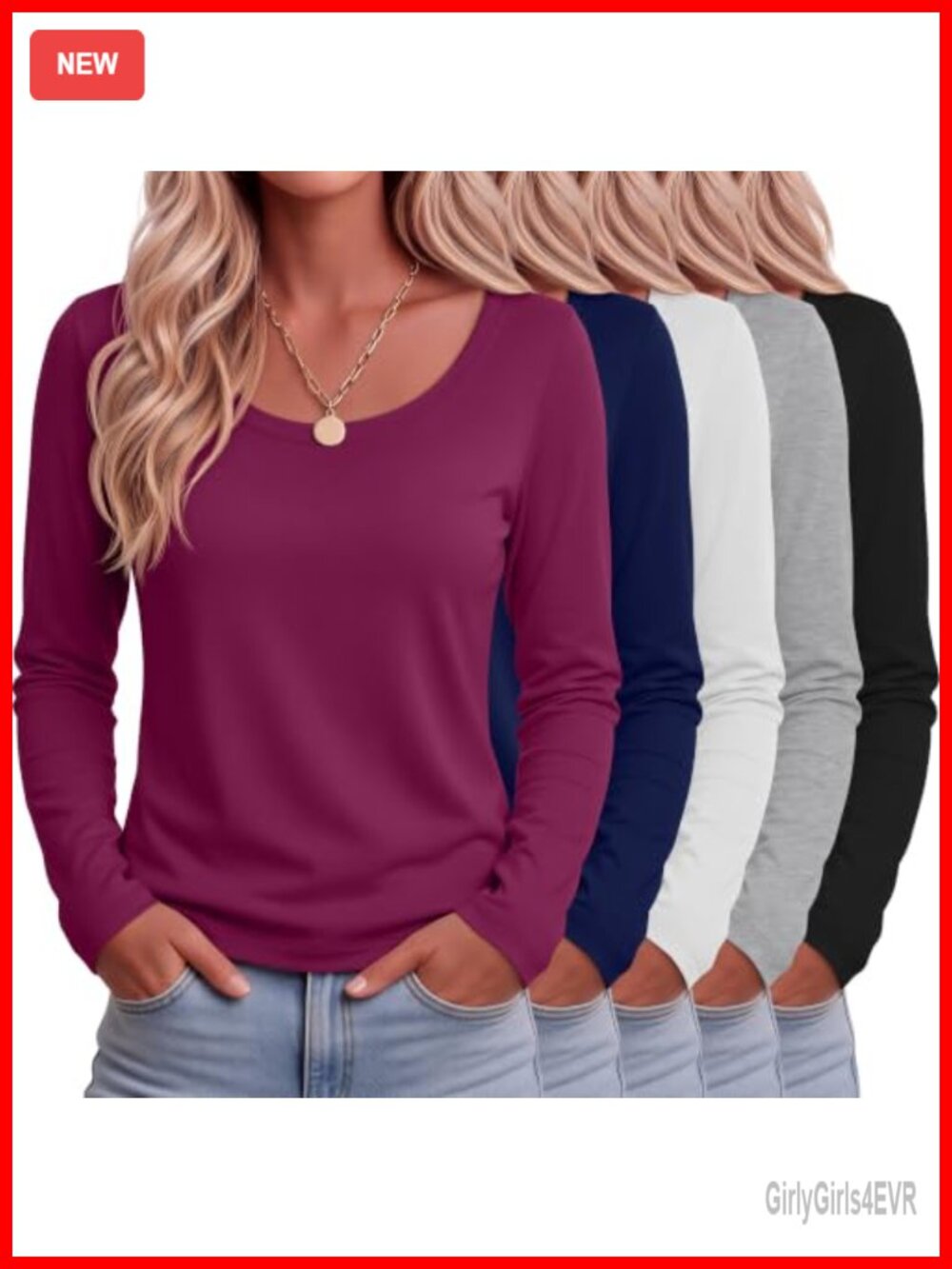 Women's 5 Pack Long Sleeve Tops Scoop Neck Loose Fit T-Shirts
